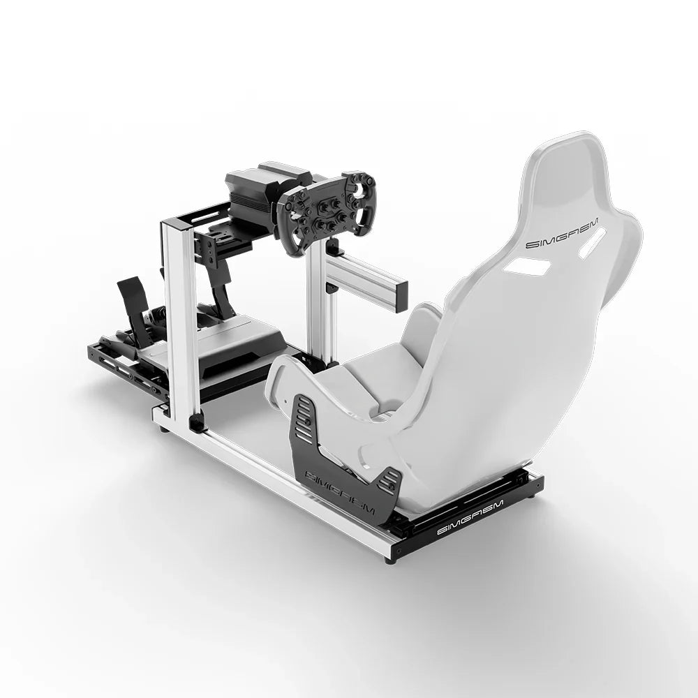 SIMGASM Hobby Marini sim racing cockpit, white Formula seat and MOZA wheel base, elevated rear angle, wheel left