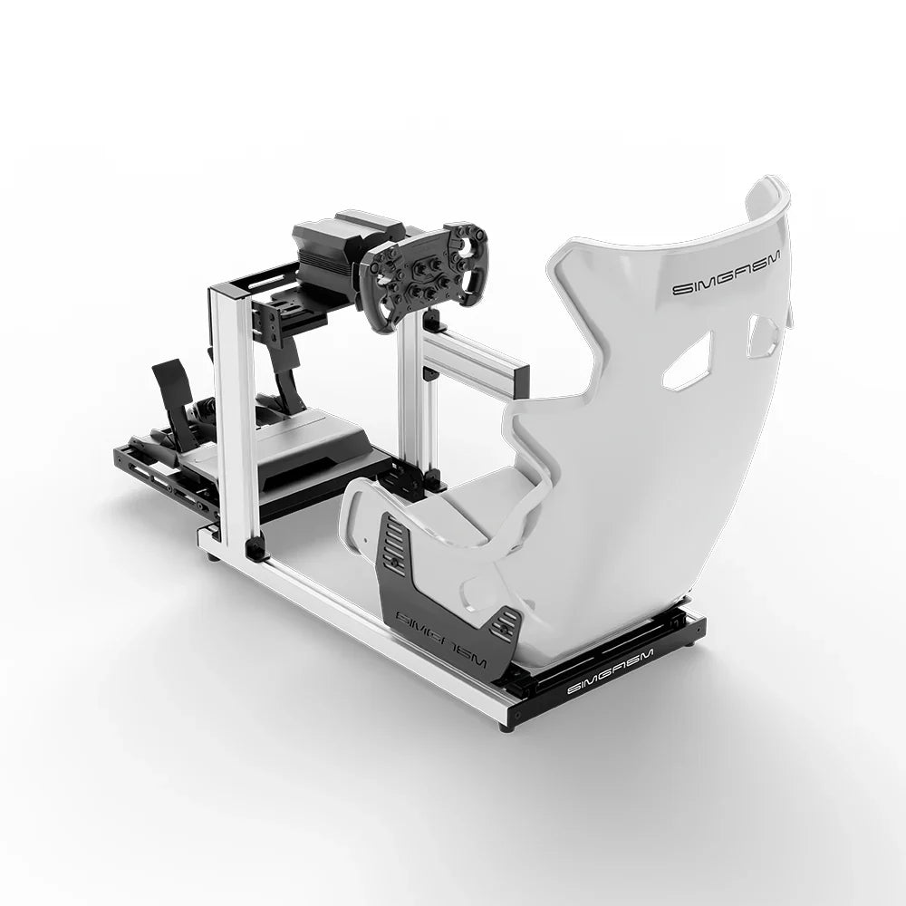 SIMGASM Hobby Marini sim racing cockpit, white GT seat and MOZA wheel base, elevated rear angle, wheel left