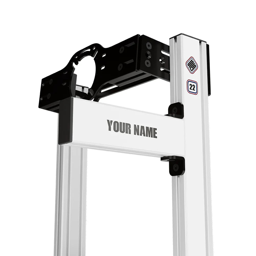 SIMGASM Hobby Marini sim racing cockpit, front-mount wheel plate, wheel-mount crossbar personalization detail