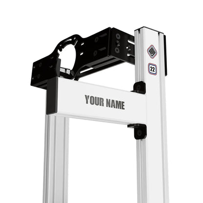 SIMGASM Hobby Marini sim racing cockpit, front-mount wheel plate, wheel-mount crossbar personalization detail