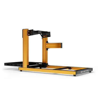 SIMGASM Hobby orange sim racing cockpit, bottom-mount wheel deck, side-profile studio view