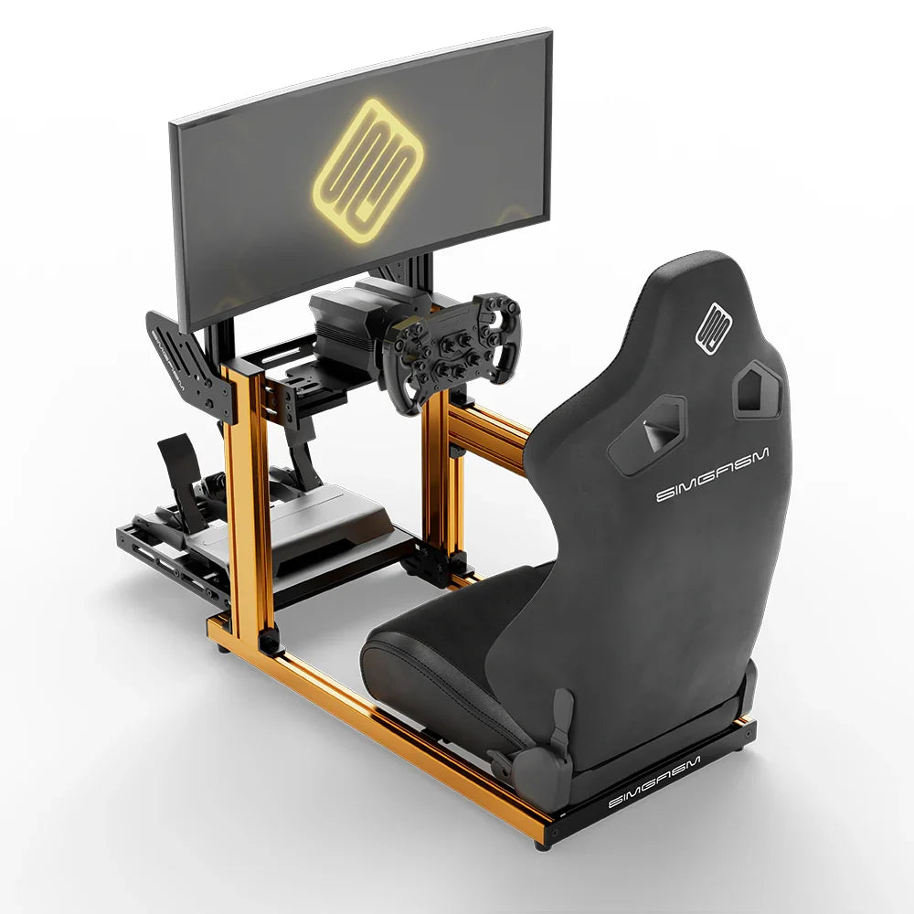 SIMGASM Hobby orange sim racing cockpit, black reclining seat and monitor, elevated rear angle, wheel left