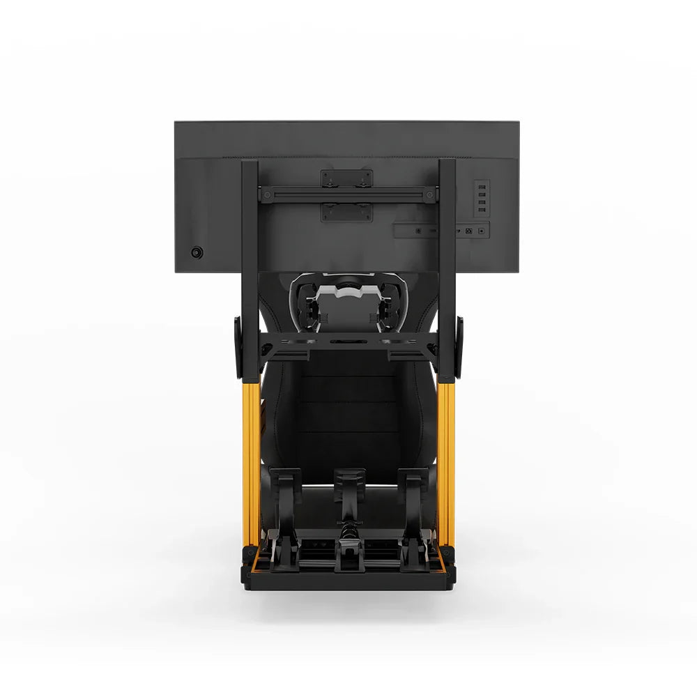 SIMGASM Hobby orange sim racing cockpit, black reclining seat and monitor, straight front studio view
