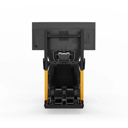 SIMGASM Hobby orange sim racing cockpit, black reclining seat and monitor, straight front studio view