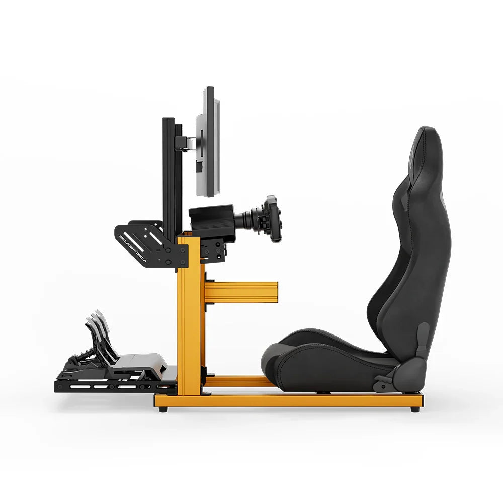 SIMGASM Hobby orange sim racing cockpit, black reclining seat and monitor, side-profile studio view