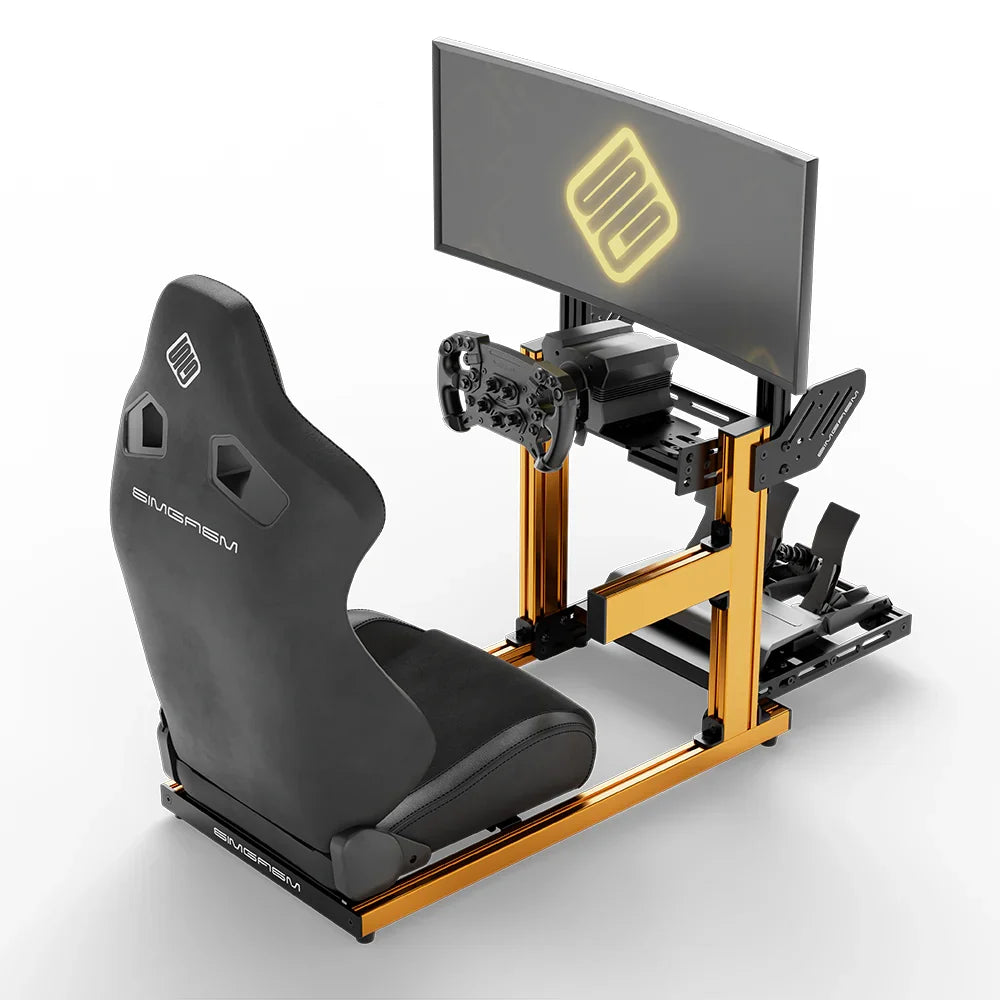 SIMGASM Hobby orange sim racing cockpit, black reclining seat and monitor, elevated rear angle, wheel right