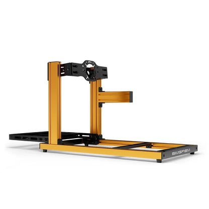 SIMGASM Hobby orange sim racing cockpit, front-mount wheel plate, side-profile studio view