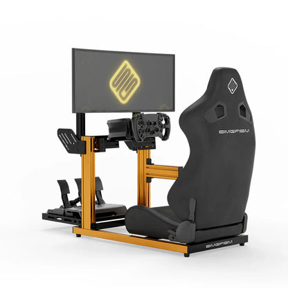 SIMGASM Hobby orange sim racing cockpit, black reclining seat and monitor, rear three-quarter studio view