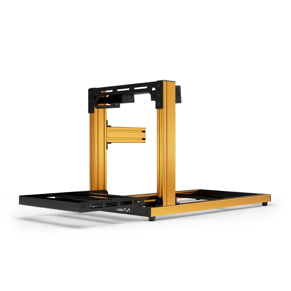 SIMGASM Hobby orange sim racing cockpit, bottom-mount wheel deck, end-on studio view