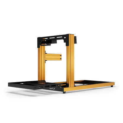 SIMGASM Hobby orange sim racing cockpit, bottom-mount wheel deck, end-on studio view