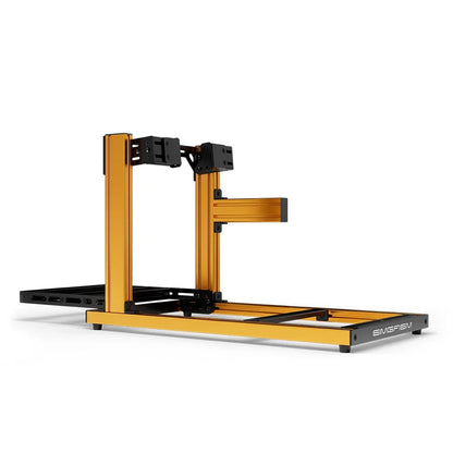 SIMGASM Hobby orange sim racing cockpit, side-mount wheel brackets, side-profile studio view