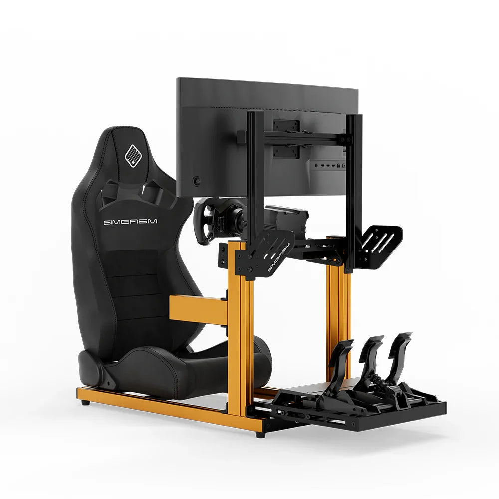 SIMGASM Hobby orange sim racing cockpit, black reclining seat and monitor, front three-quarter studio view