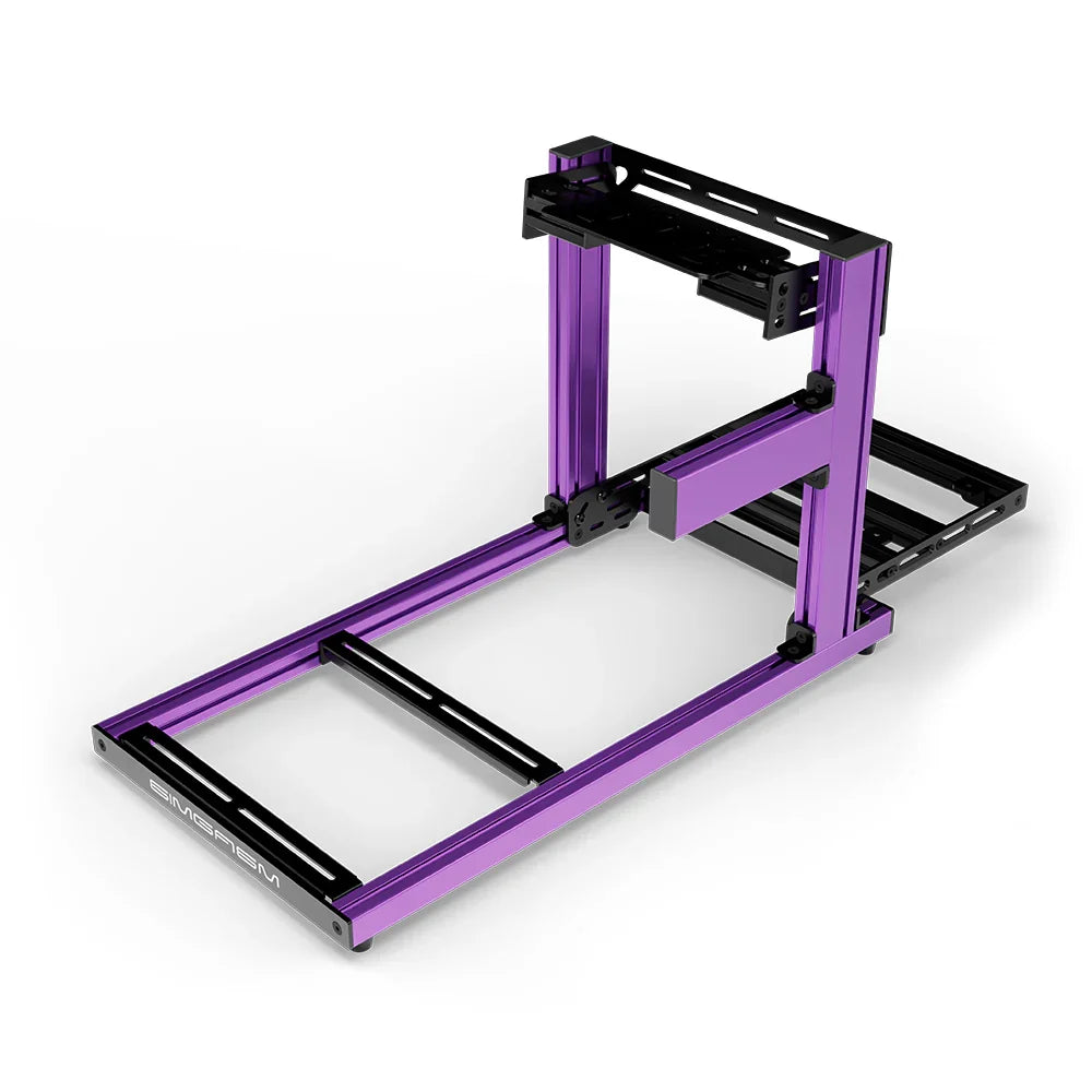 SIMGASM Hobby purple sim racing cockpit, bottom-mount wheel deck, shifter-side three-quarter studio view
