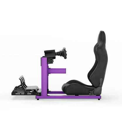 SIMGASM Hobby purple sim racing cockpit, black reclining seat and MOZA wheel base, side-profile studio view