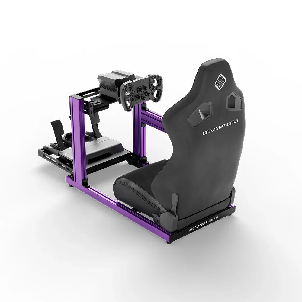 SIMGASM Hobby purple sim racing cockpit, black reclining seat and MOZA wheel base, elevated rear angle, wheel left