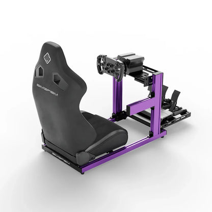 SIMGASM Hobby purple sim racing cockpit, black reclining seat and MOZA wheel base, elevated rear angle, wheel right