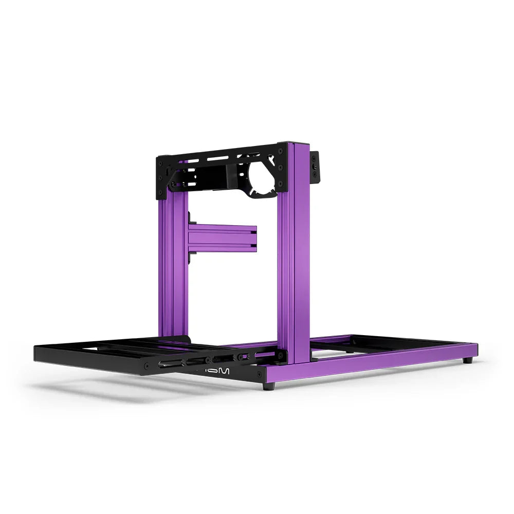 SIMGASM Hobby purple sim racing cockpit, front-mount wheel plate, end-on studio view
