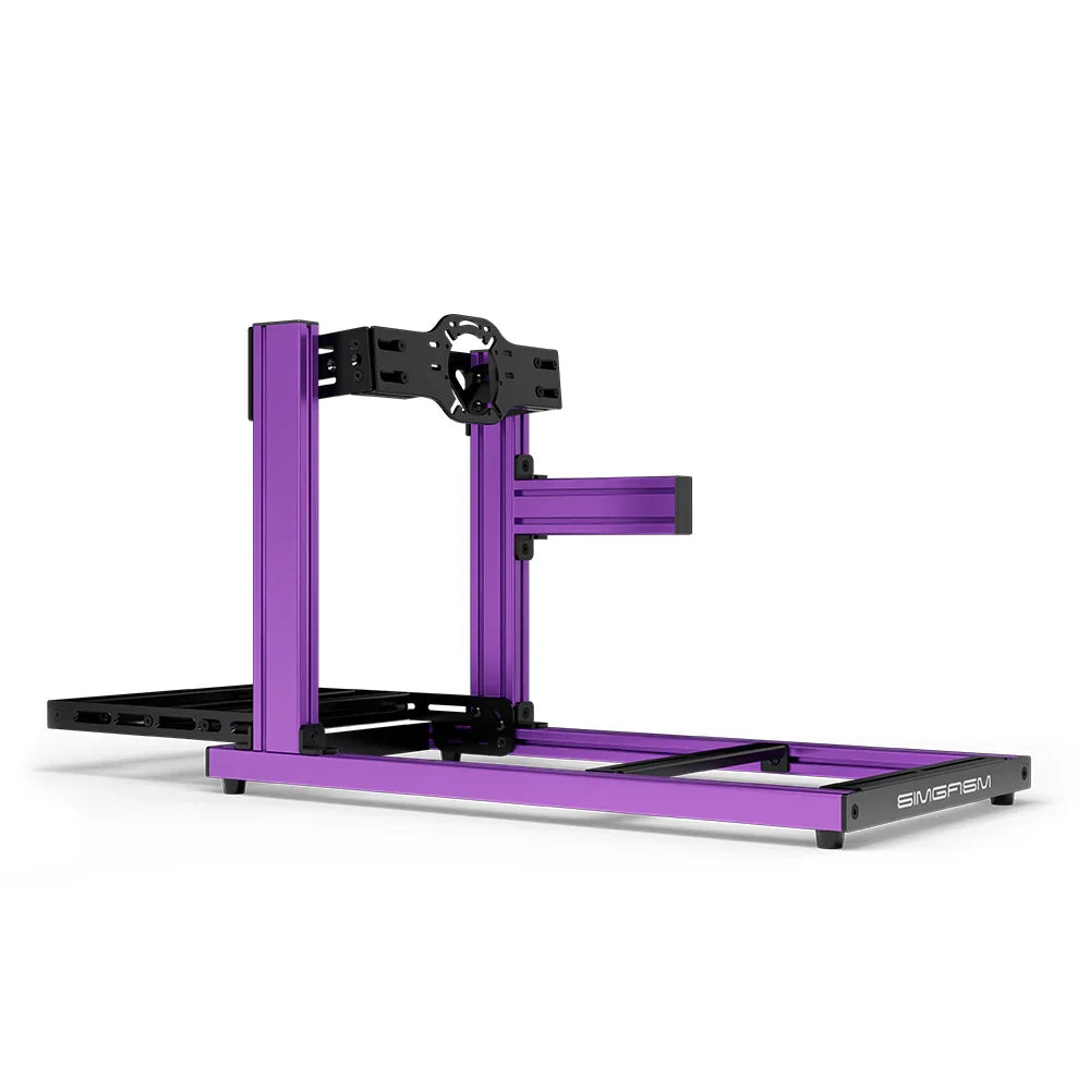 SIMGASM Hobby purple sim racing cockpit, front-mount wheel plate, side-profile studio view