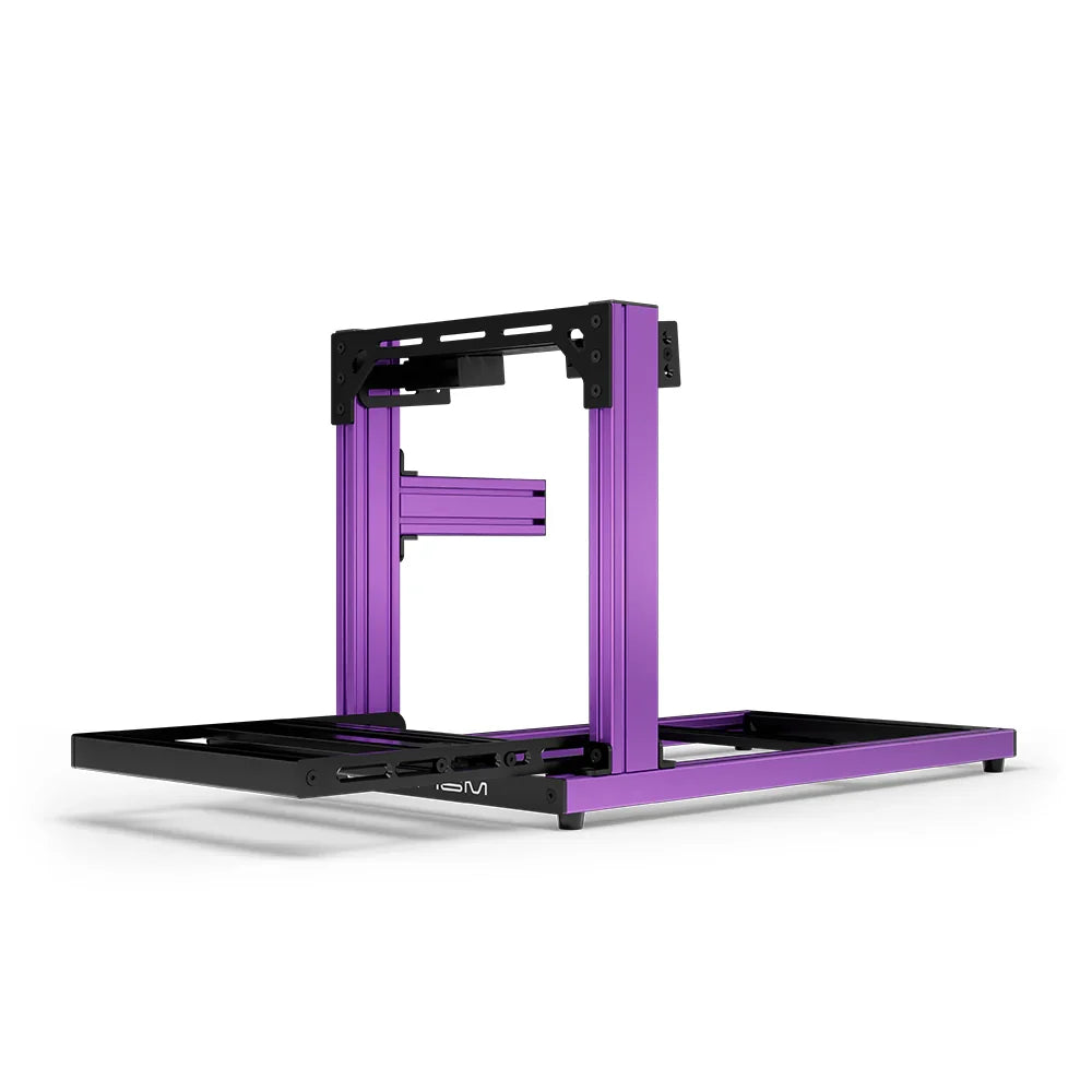 SIMGASM Hobby purple sim racing cockpit, bottom-mount wheel deck, end-on studio view