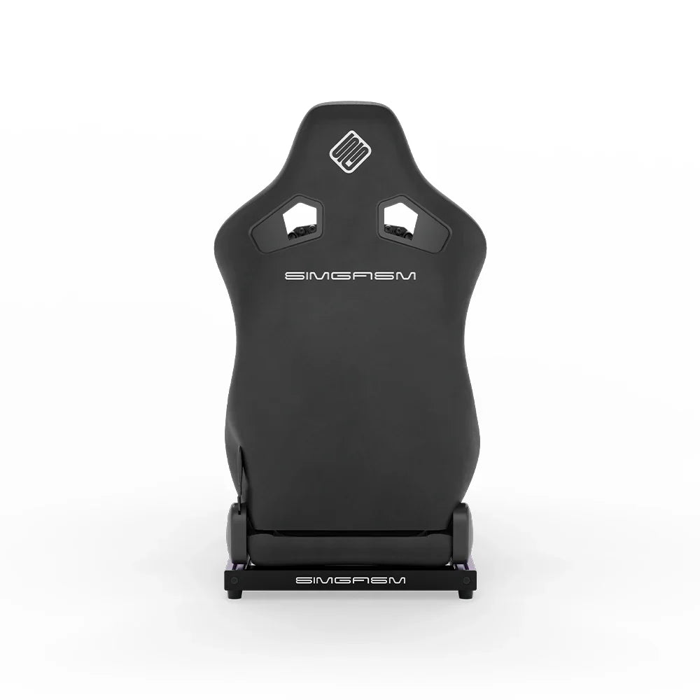 SIMGASM Hobby purple sim racing cockpit, black reclining seat, rear view of seat shell