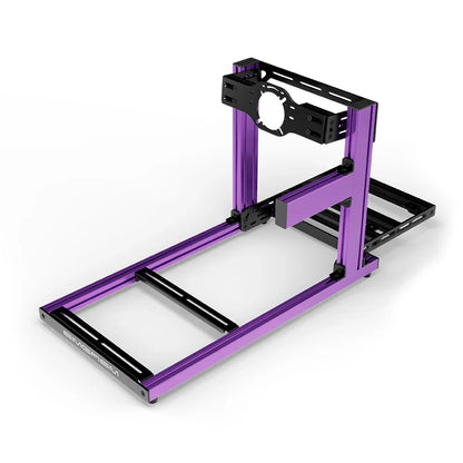SIMGASM Hobby purple sim racing cockpit, front-mount wheel plate, shifter-side three-quarter studio view