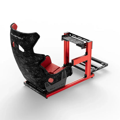 SIMGASM Hobby red sim racing cockpit, Forged Carbon Look GT seat, elevated rear angle, wheel right