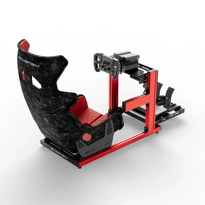 SIMGASM Hobby red sim racing cockpit, Forged Carbon Look GT seat and MOZA wheel base, elevated rear angle, wheel right