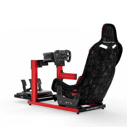 SIMGASM Hobby red cockpit, Forged Carbon Look Formula seat and MOZA wheel base, rear three-quarter studio view