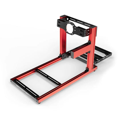 SIMGASM Hobby red sim racing cockpit, front-mount wheel plate, shifter-side three-quarter studio view