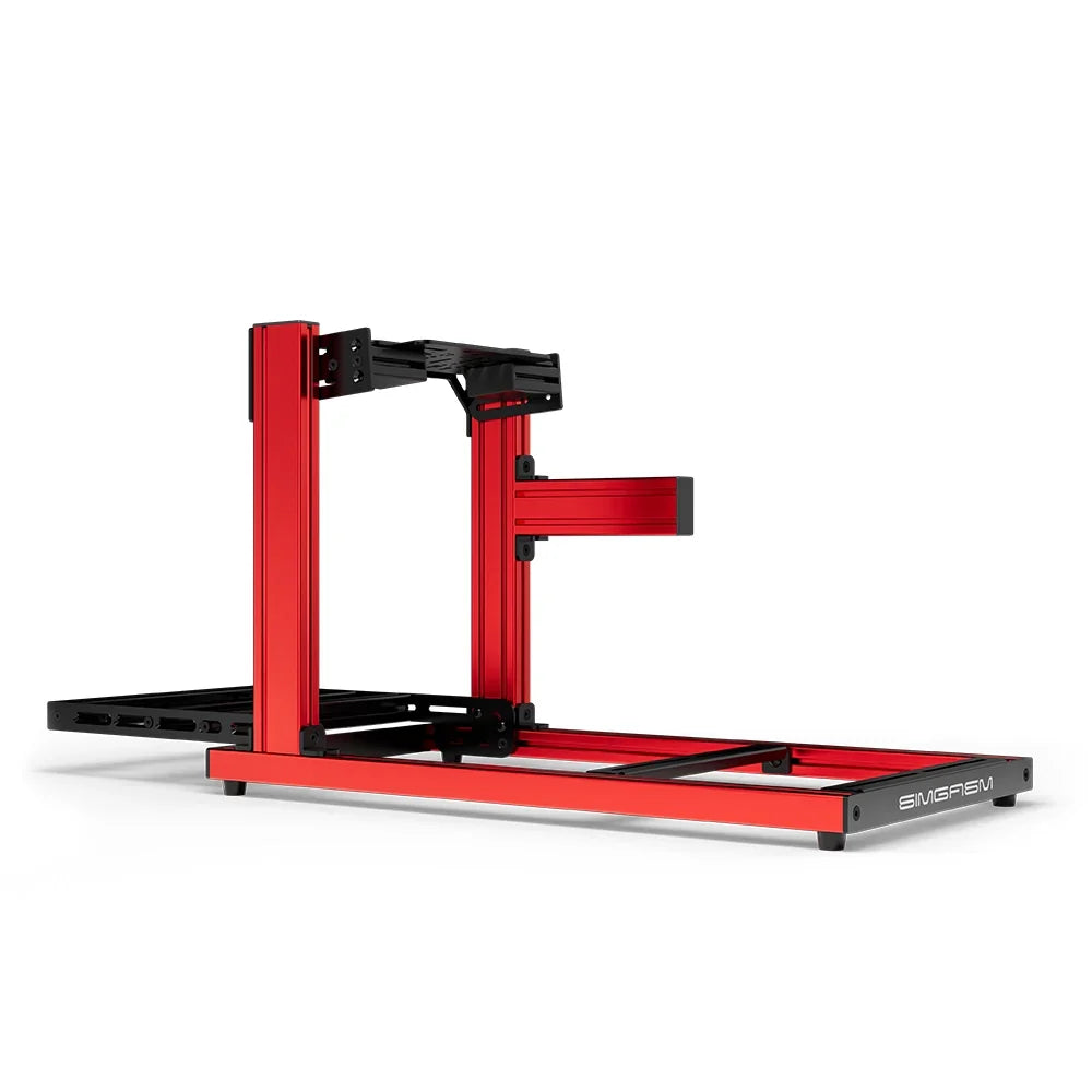 SIMGASM Hobby red sim racing cockpit, bottom-mount wheel deck, side-profile studio view