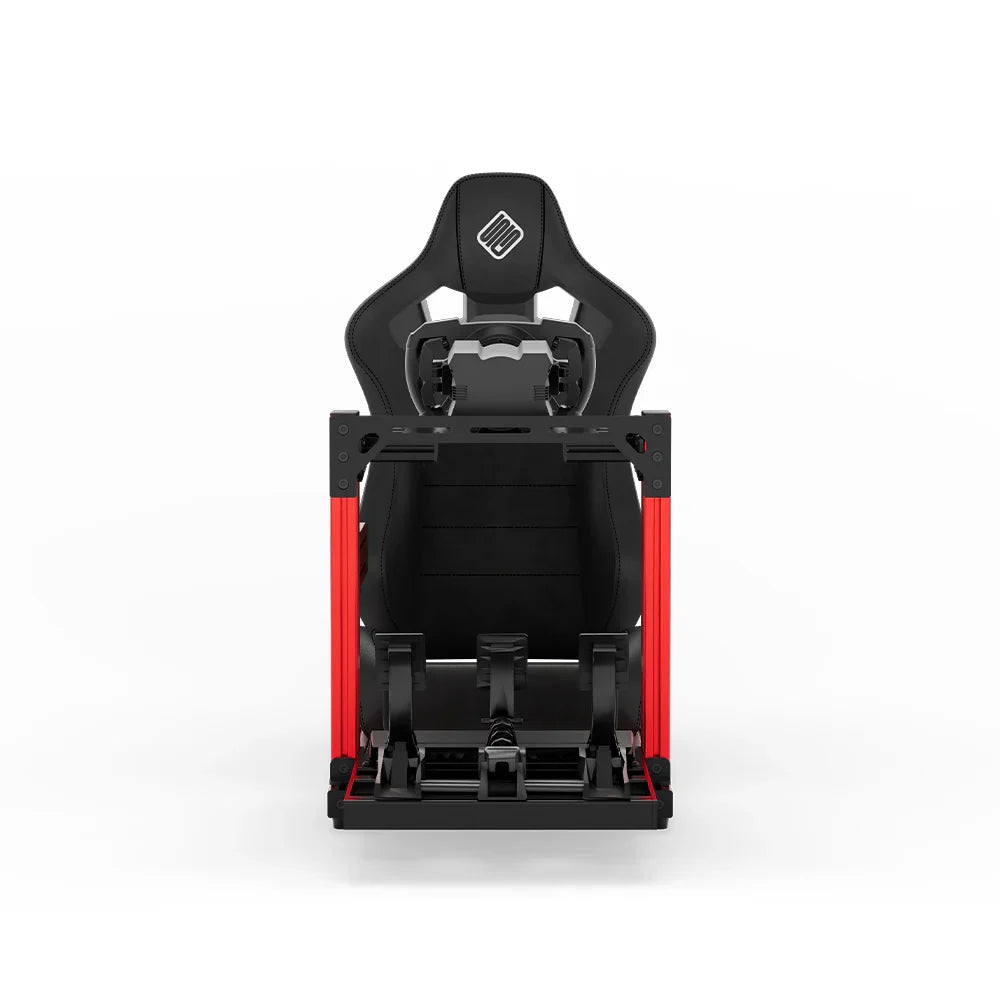 SIMGASM Hobby red sim racing cockpit, black reclining seat and MOZA wheel base, straight front studio view