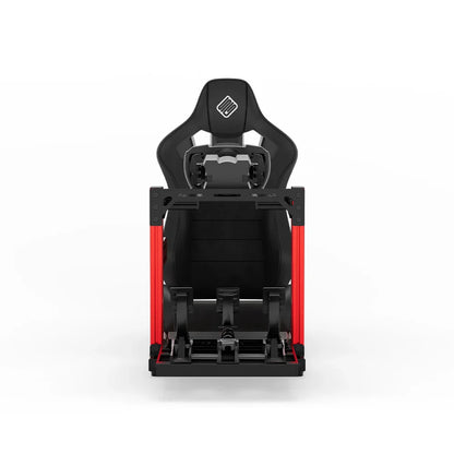 SIMGASM Hobby red sim racing cockpit, black reclining seat and MOZA wheel base, straight front studio view