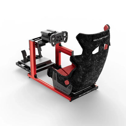 SIMGASM Hobby red sim racing cockpit, Forged Carbon Look GT seat and MOZA wheel base, elevated rear angle, wheel left