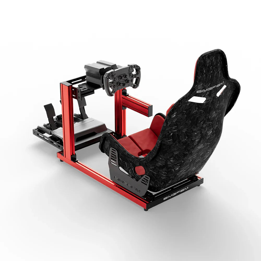 SIMGASM Hobby red cockpit, Forged Carbon Look Formula seat and MOZA wheel base, elevated rear angle, wheel left