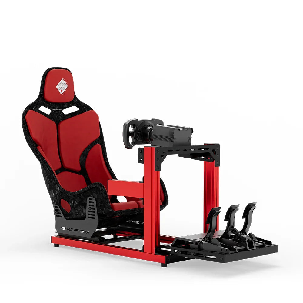 SIMGASM Hobby red sim racing cockpit, red Formula seat and MOZA wheel base, front three-quarter studio view