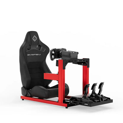 SIMGASM Hobby red sim racing cockpit, black reclining seat and MOZA wheel base, front three-quarter studio view