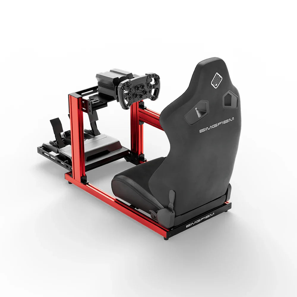 SIMGASM Hobby red sim racing cockpit, black reclining seat and MOZA wheel base, elevated rear angle, wheel left