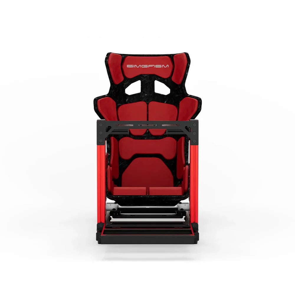 SIMGASM Hobby red sim racing cockpit, red GT seat, straight front studio view