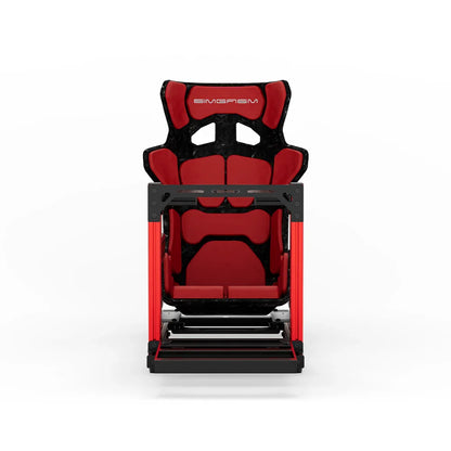 SIMGASM Hobby red sim racing cockpit, red GT seat, straight front studio view
