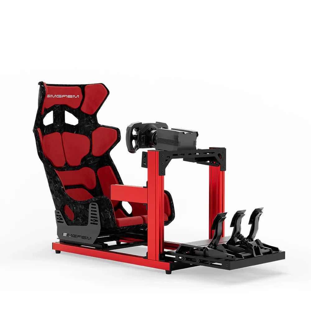 SIMGASM Hobby red sim racing cockpit, red GT seat and MOZA wheel base, front three-quarter studio view