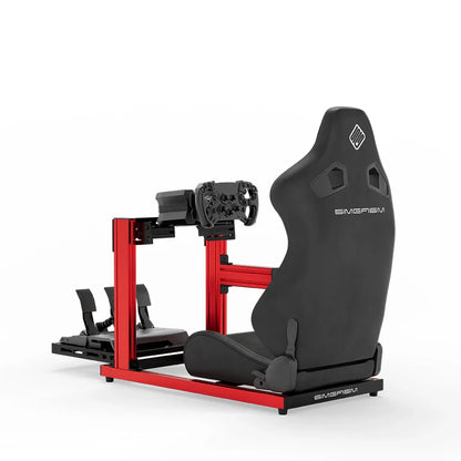 SIMGASM Hobby red sim racing cockpit, black reclining seat and MOZA wheel base, rear three-quarter studio view