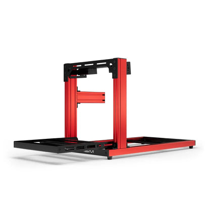 SIMGASM Hobby red sim racing cockpit, bottom-mount wheel deck, end-on studio view