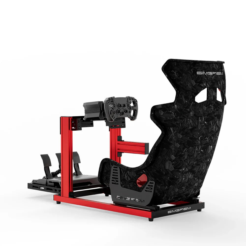 SIMGASM Hobby red sim racing cockpit, Forged Carbon Look GT seat and MOZA wheel base, rear three-quarter studio view