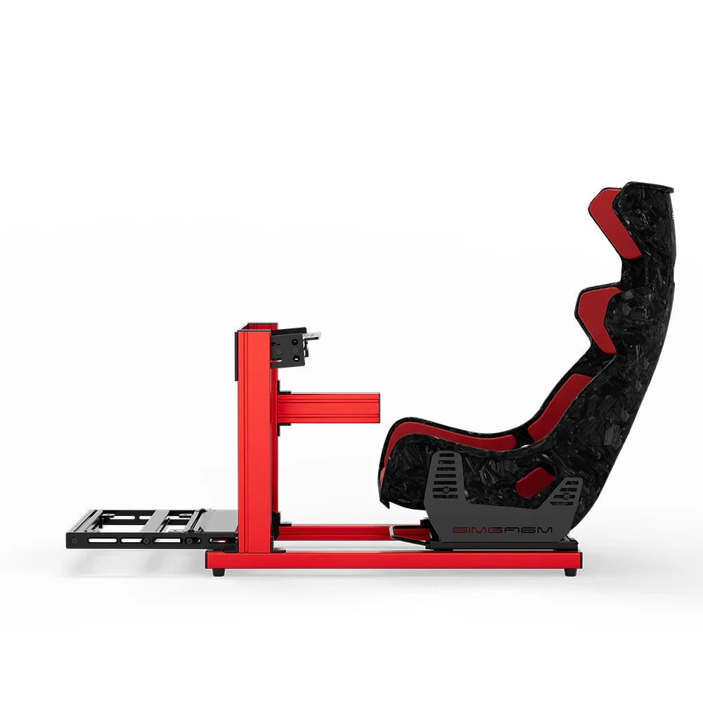 SIMGASM Hobby red sim racing cockpit, red GT seat, side-profile studio view