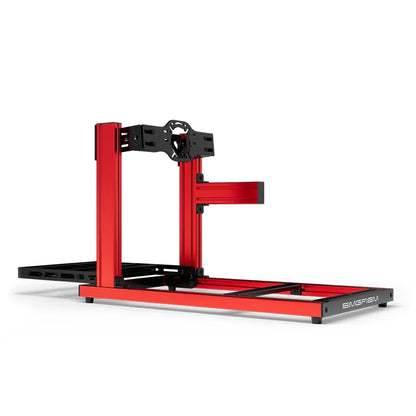 SIMGASM Hobby red sim racing cockpit, front-mount wheel plate, side-profile studio view