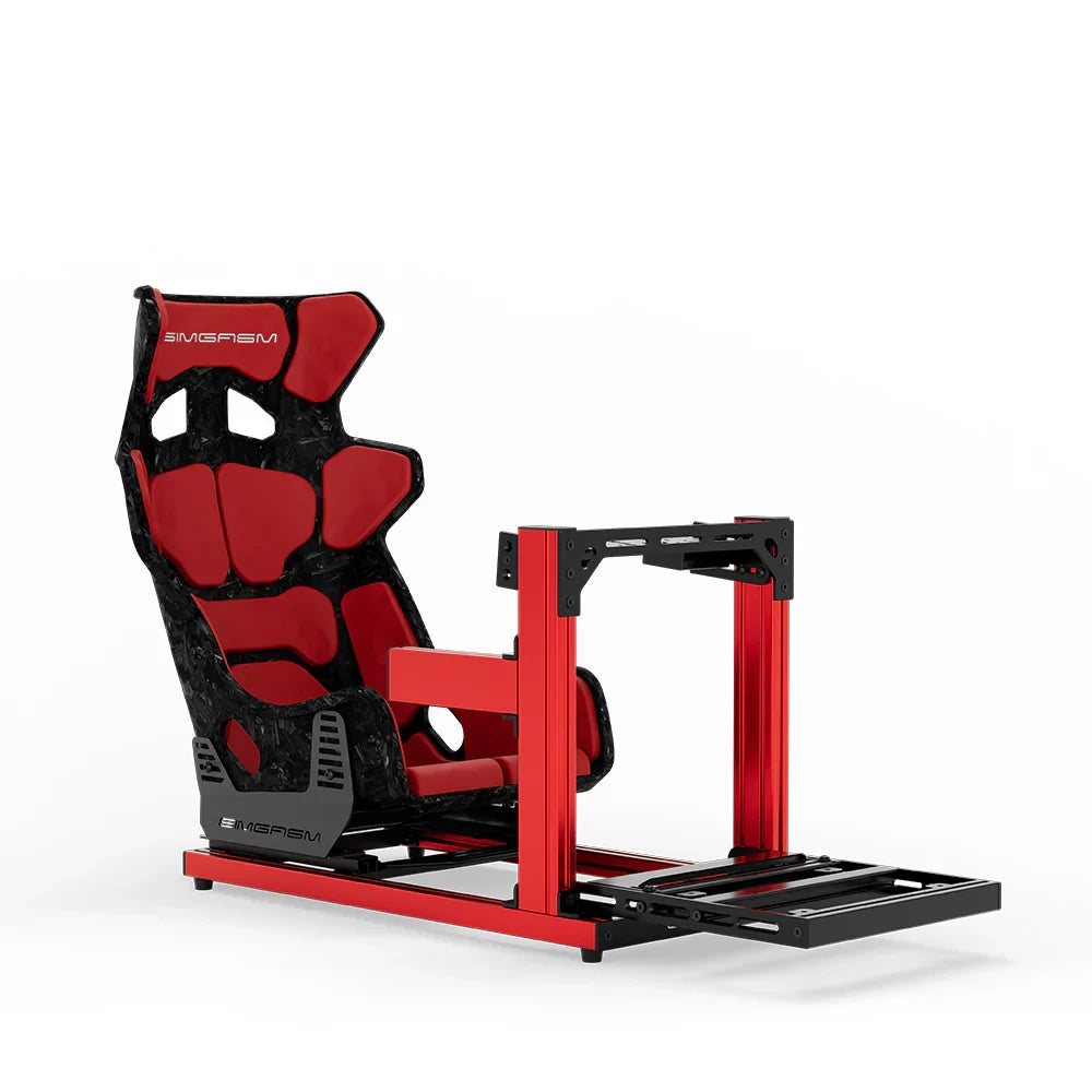 SIMGASM Hobby red sim racing cockpit, red GT seat, front three-quarter studio view