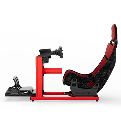 SIMGASM Hobby red sim racing cockpit, red Formula seat and MOZA wheel base, side-profile studio view