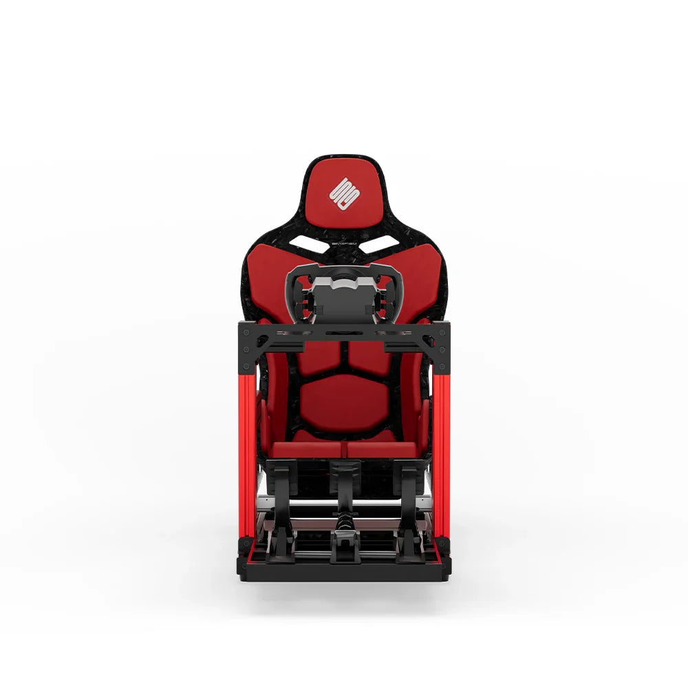 SIMGASM Hobby red sim racing cockpit, red Formula seat and MOZA wheel base, straight front studio view