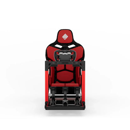 SIMGASM Hobby red sim racing cockpit, red Formula seat and MOZA wheel base, straight front studio view
