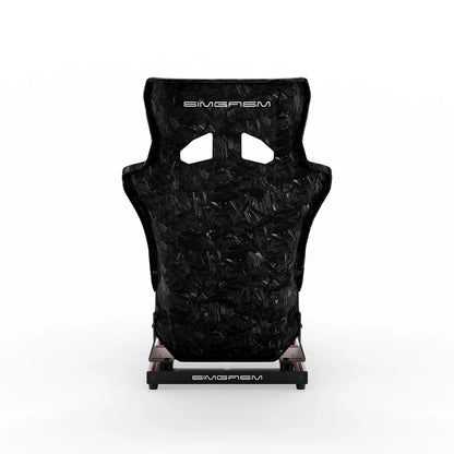 SIMGASM Hobby red sim racing cockpit, Forged Carbon Look GT seat, straight rear studio view
